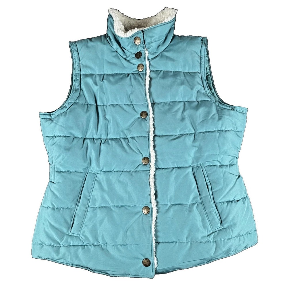 Maurices Puffer Vest Womens Large Blue Quilted Sherpa Lined Snap Front Warm